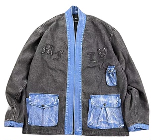 做旧水洗国潮道袍 风大口袋双层休闲百搭痞帅贴布牛仔夹克 工装