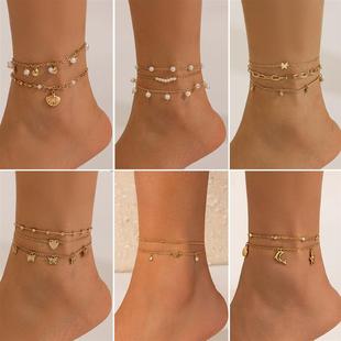 欧美跨境沙滩Anklet星形蝴蝶链条仿珍珠脚链海洋风贝壳海豚脚饰品