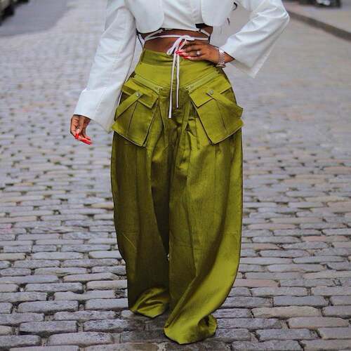 Women's Cargo Pants High Waisted Satin Flowy Pants Wide Leg