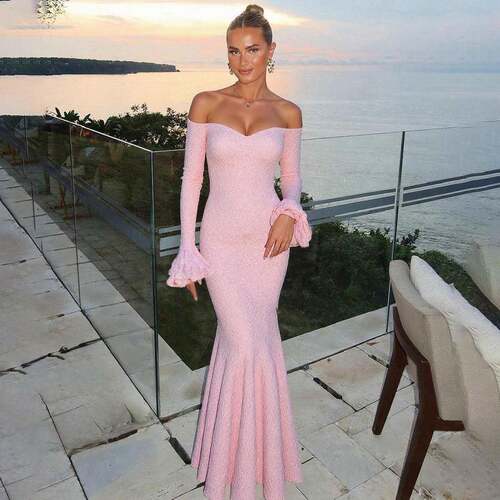 Womens Solid Color Lace Long Sleeve Dress Chic Elegant Off