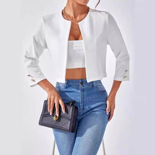 Women's Solid Round Neck Blazer Casual 3/4 Sleeve Outerwear