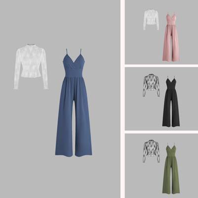 TwoPiece Set for Women Solid Color Lace Tee Pocket Jumpsuit