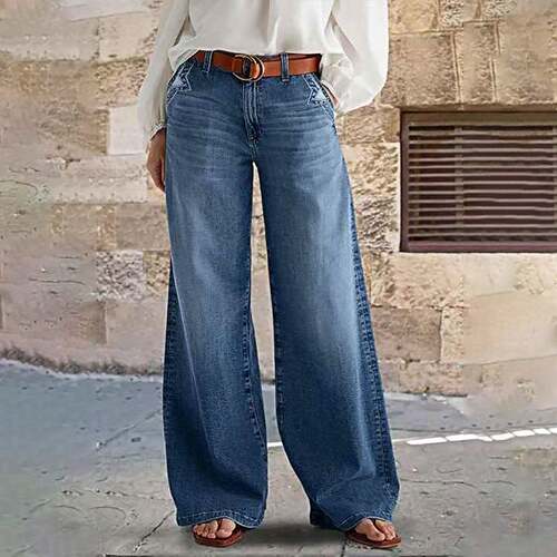 Vintage High-Waist Wide-Leg Blue Jeans -Casual Washed Denim