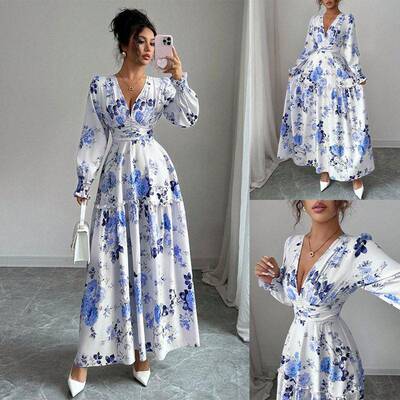 Womens Floral Print Dress French Romantic Design Ruched