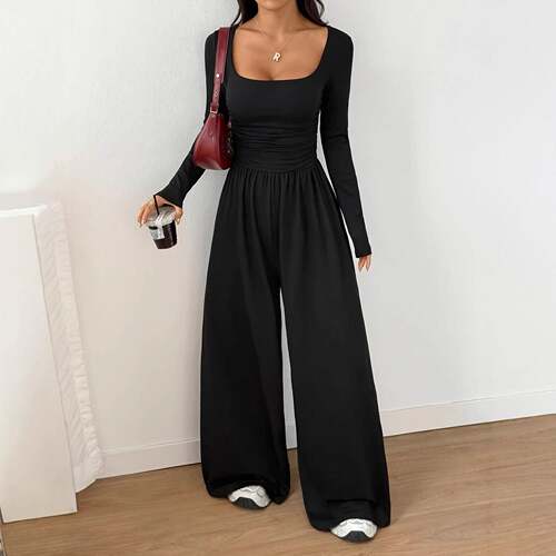 Womens Fall Winter Knit Fitted Wide Leg Jumpsuit Casual