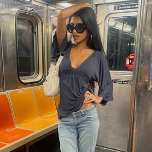 Women's V Neck Ruched Batwing Sleeve Fall Winter Y2k Casual