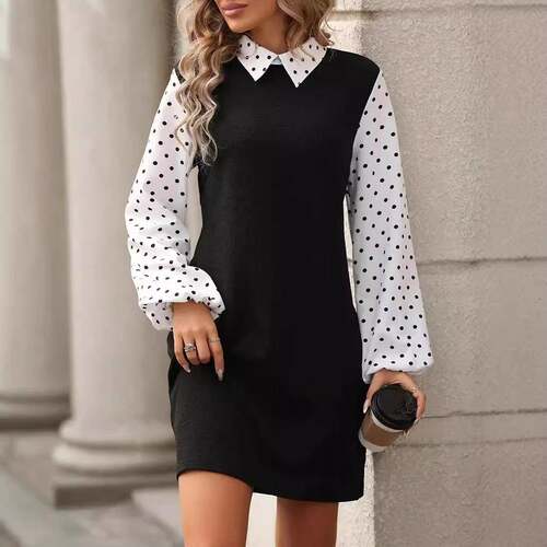 Womens Long Sleeve Polka Dot Print Lantern Dress Casual Chic