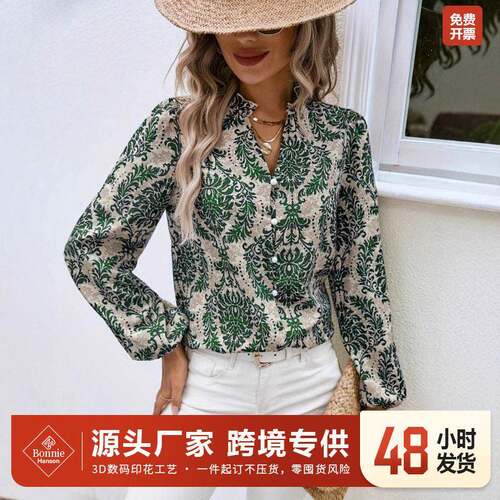 Women's Geometric Pattern V Neck Lantern Long Sleeve Shirt