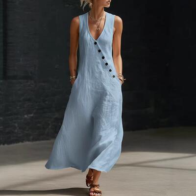 Elegant V-Neck Button-Up Cotton Linen Dress Sleeveless Vest