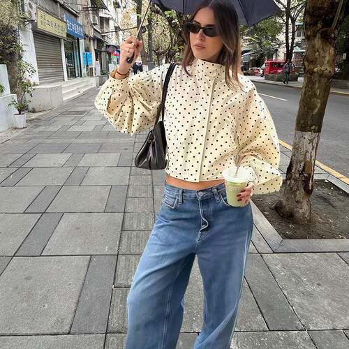 Women's French Polka Dot Shirt Milk High Neck Long Sleeve