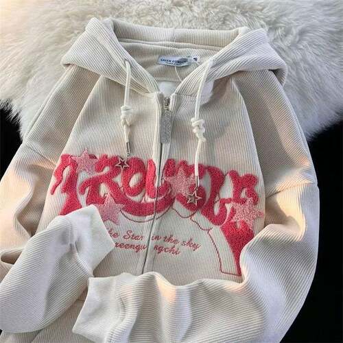 Y2k Hoodie Star Zip Hoodie Corduroy OversizedStreetwear