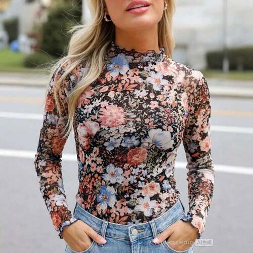 Women's Rose Print Mesh Long Sleeve Stand Collar Fitted