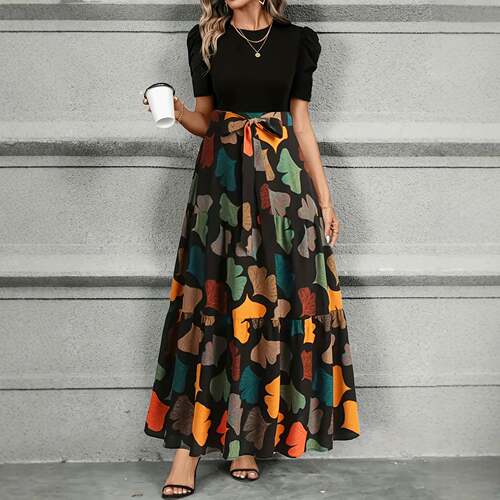 Elegant Women's Fitted Patchwork Leaf Print Maxi Dress  V