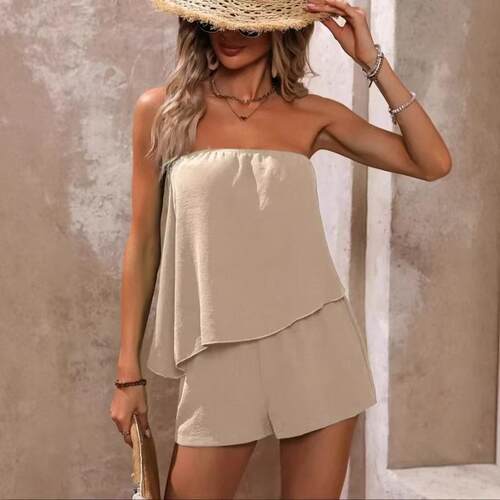 Women's Solid Color Tube Top & Shorts Matching Set Outfit