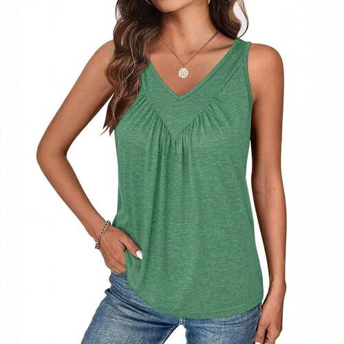 Women's V Neck Pleated Tank Top Flowy Sleeveless Casual