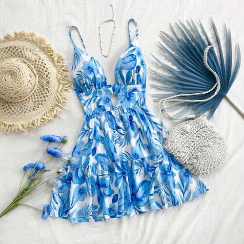Women's All Over Print Backless Cami Dress Boho Sleeveless