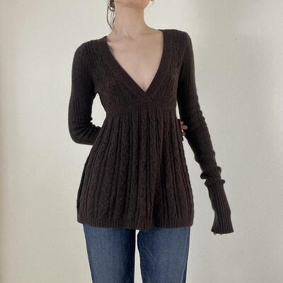 Women Simple Retro Deep V Sexy High Waist Brown Fried Dough