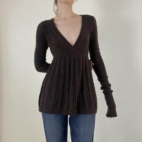 Women Simple Retro Deep V Sexy High Waist Brown Fried Dough