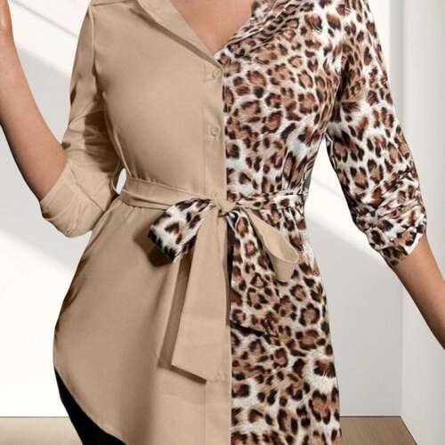 A women's loose color block leopard print casual lapel