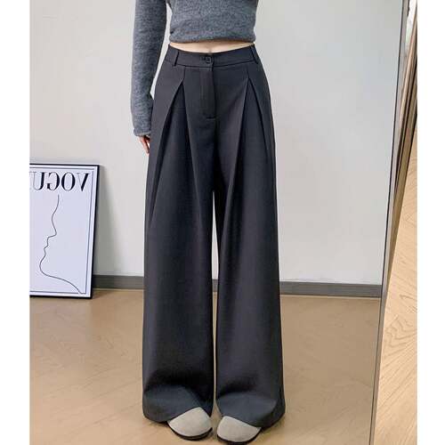 Beige High Waisted Wide Leg Trousers Pleated Front Button