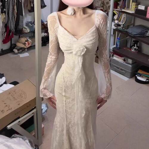 Women's Plain Floral Lace Ruched Ribbon Sheer Mermaid Dress