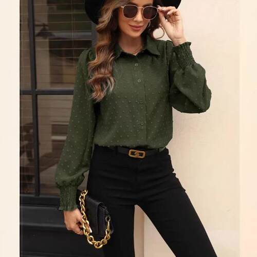 Elegant Textured Fabric Lantern Sleeve Shirt Blouse for