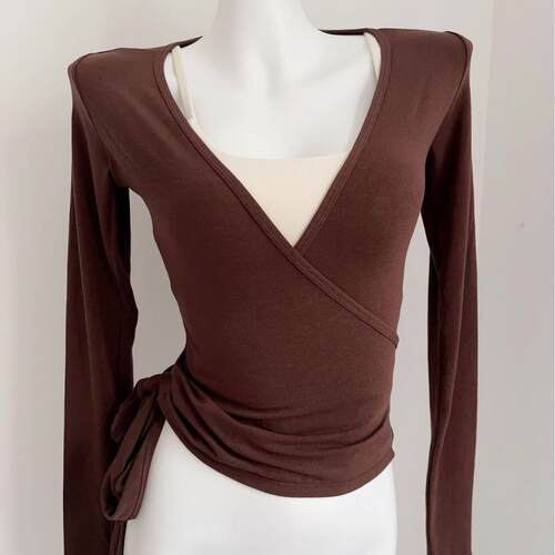 Women's Solid Color Knitted V Neck Long Sleeve T-Shirt Y2K
