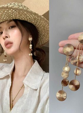 银针金属纹路圆形流苏耳环时尚个性百搭潮流耳钉轻奢高级感耳饰女