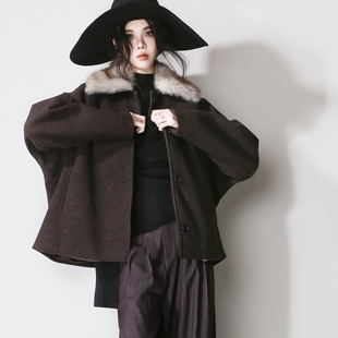E44可拆卸毛领廓形柔软毛呢简约短款 宽松叠穿气质欧美风秋冬外套