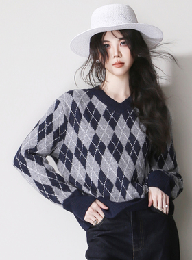 E37蓝灰撞色菱形格子纹学院风减龄休闲百搭套头宽松高腰打底毛衣