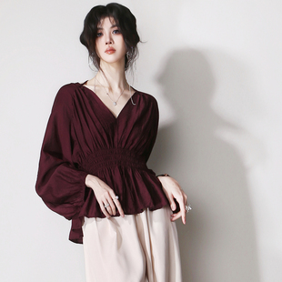 衬衫 套头长袖 宽松显瘦长袖 D11显白复古暗红色褶皱V领收腰灯笼袖