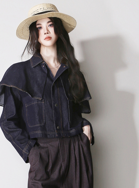 E47牛仔复古斗篷披肩两件套休闲欧美风显瘦宽松口袋衬衫夹克外套