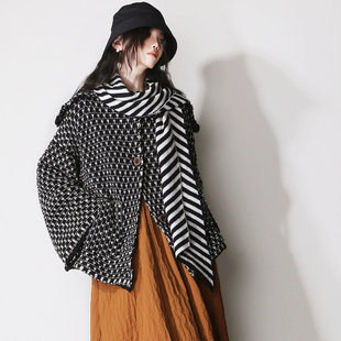 E63海军翻领复古慵懒黑白混织宽松叠穿减龄休闲宽松针织毛衣外套