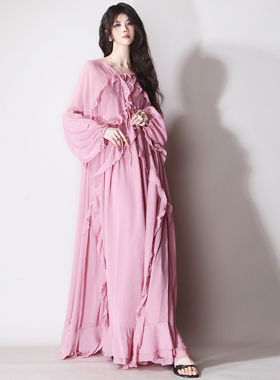 B99超美重工荷叶边飘逸浪漫豆沙粉灯笼长袖系带大摆垂感连衣长裙
