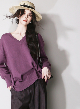 E19雾紫色慵懒显白复古宽松简约V领休闲百搭套头长袖打底叠穿毛衣