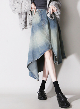 E12不规则不对称中长款小个子高腰A字做旧水洗欧美风牛仔半身裙