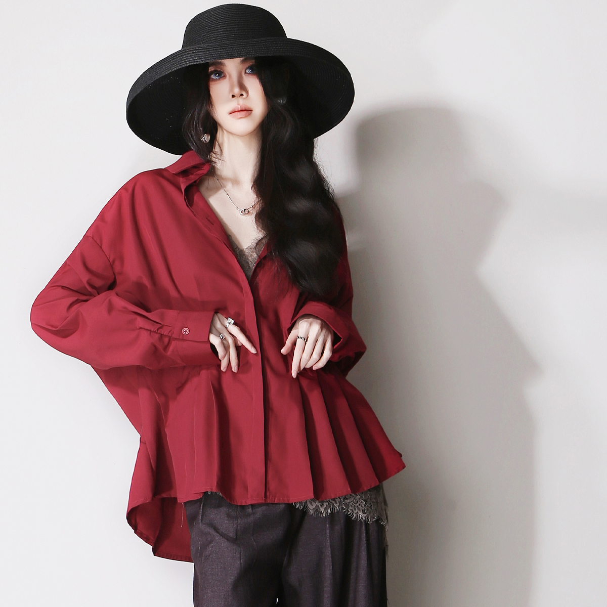 E58腰部立体褶皱长袖衬衫