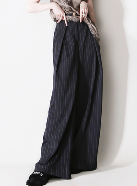 E94正面立体褶皱A字阔腿高腰竖条纹大气欧美老钱风休闲西装长裤