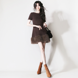 E49毛绒皮草下摆拼接秋冬打底外穿A字修身 A字毛衣连衣裙 显瘦短袖