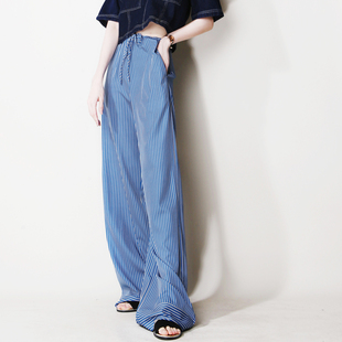 V52竖条纹高腰阔腿直筒系腰带欧美风大气显瘦松弛感休闲百搭长裤