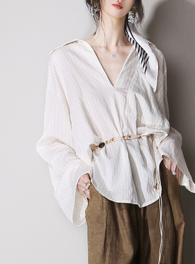 C69松弛感休闲老钱风深V领宽松阔袖大口袋细条纹开叉套头欧美衬衫