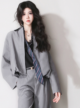 F54可配一套条纹欧美风宽松褶皱下摆短款拉链飞行员翻领夹克外套