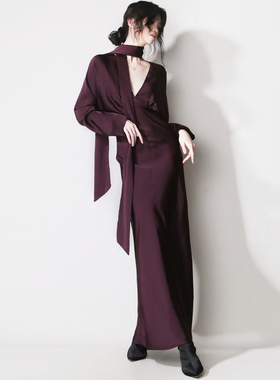 F16飘带领结腰带高腰深V领大气显白显瘦气质欧美风长袖连衣裙长裙