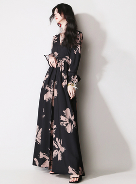 F68浪漫复古大花朵印花V领高腰开叉大摆裙长袖度假风欧美连衣裙
