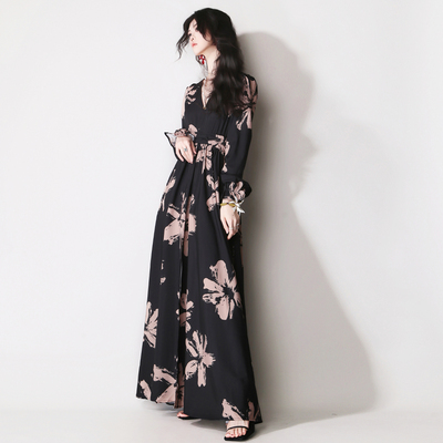 复古V领高腰开叉大摆连衣裙