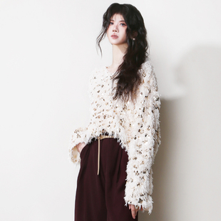 A15温柔闪闪bling亮片羽毛毛绒飘逸宽松圆领套头欧美风毛衣针织衫