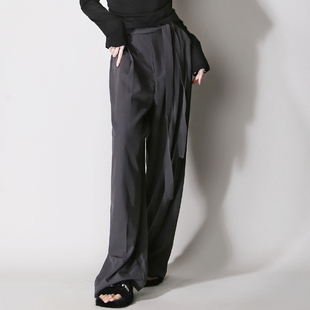 D40高智感腰带垂感阔腿直筒显瘦宽松欧美风简约百搭休闲西装 长裤