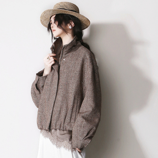 E75复古人字纹双头拉链磨毛质感欧美风立领拉链落肩宽松夹克外套