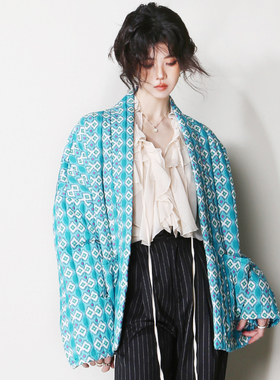 Y6显白湖绿色菱格印花无扣简约复古廓形绗缝轻薄款棉衣棉服外套