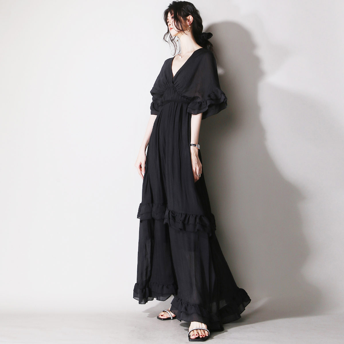 大码女装荷叶边蝙蝠袖连衣裙